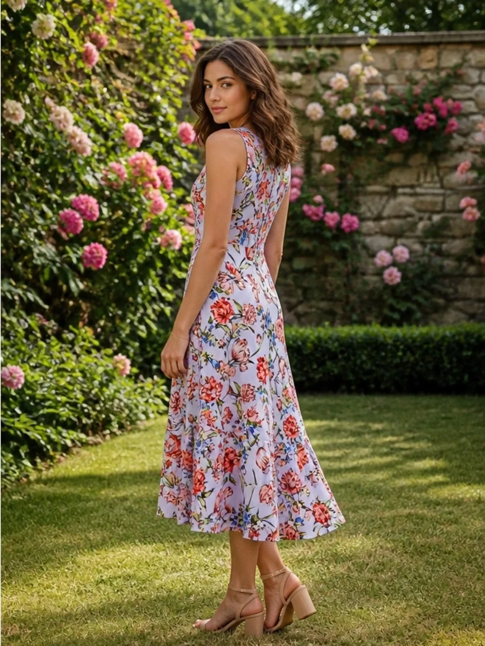 Maggy London Lilac Floral Sleeveless Midi Dress